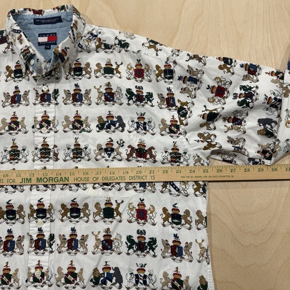 VTG Tommy Hilfiger Mens Large long sleeve button down shirt All Over Crest Logo - Picture 7 of 7